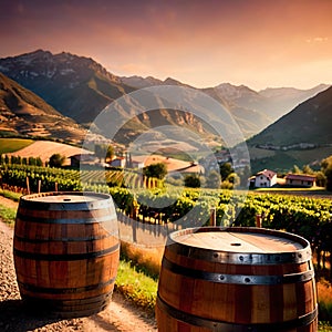 Wine barrels and casks against touristic vineyard wine farm