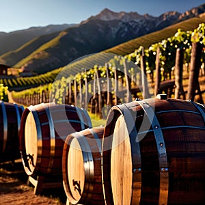 Wine barrels and casks against touristic vineyard wine farm