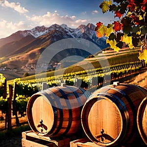 Wine barrels and casks against touristic vineyard wine farm