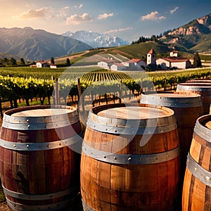 Wine barrels and casks against touristic vineyard wine farm