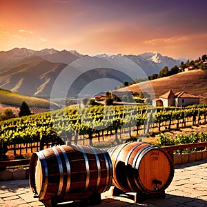 Wine barrels and casks against touristic vineyard wine farm