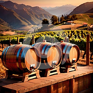 Wine barrels and casks against touristic vineyard wine farm