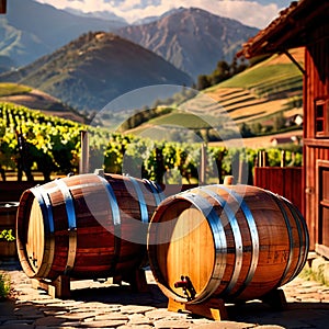 Wine barrels and casks against touristic vineyard wine farm