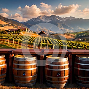 Wine barrels and casks against touristic vineyard wine farm