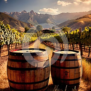 Wine barrels and casks against touristic vineyard wine farm