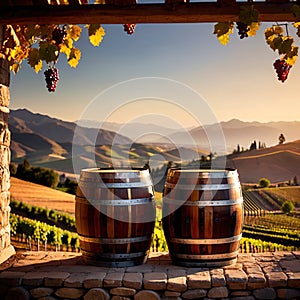 Wine barrels and casks against touristic vineyard wine farm