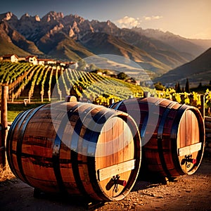 Wine barrels and casks against touristic vineyard wine farm