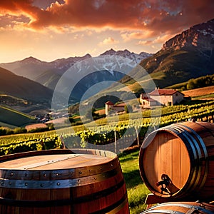 Wine barrels and casks against touristic vineyard wine farm