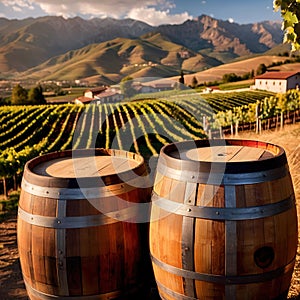 Wine barrels and casks against touristic vineyard wine farm