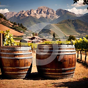 Wine barrels and casks against touristic vineyard wine farm