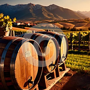 Wine barrels and casks against touristic vineyard wine farm
