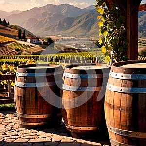 Wine barrels and casks against touristic vineyard wine farm