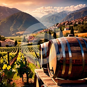 Wine barrels and casks against touristic vineyard wine farm