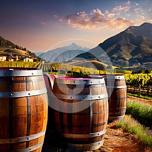 Wine barrels and casks against touristic vineyard wine farm