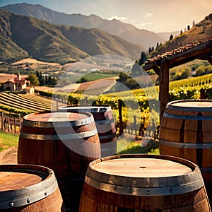 Wine barrels and casks against touristic vineyard wine farm