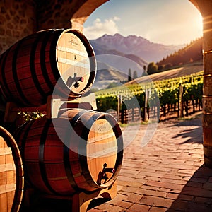 Wine barrels and casks against touristic vineyard wine farm