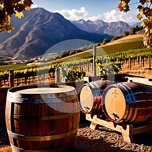 Wine barrels and casks against touristic vineyard wine farm