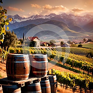 Wine barrels and casks against touristic vineyard wine farm