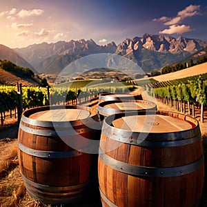 Wine barrels and casks against touristic vineyard wine farm