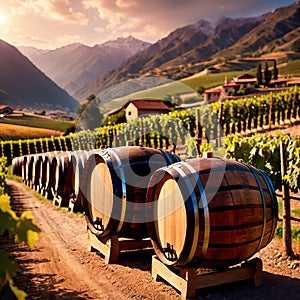 Wine barrels and casks against touristic vineyard wine farm