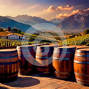 Wine barrels and casks against touristic vineyard wine farm