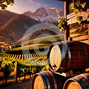 Wine barrels and casks against touristic vineyard wine farm