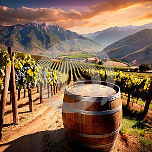 Wine barrels and casks against touristic vineyard wine farm