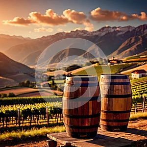 Wine barrels and casks against touristic vineyard wine farm