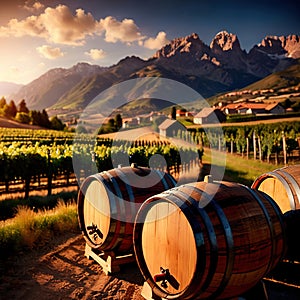 Wine barrels and casks against touristic vineyard wine farm