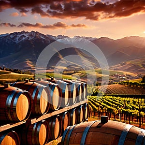 Wine barrels and casks against touristic vineyard wine farm