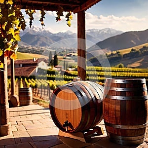 Wine barrels and casks against touristic vineyard wine farm