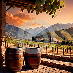 Wine barrels and casks against touristic vineyard wine farm