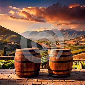 Wine barrels and casks against touristic vineyard wine farm