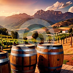 Wine barrels and casks against touristic vineyard wine farm