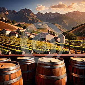 Wine barrels and casks against touristic vineyard wine farm