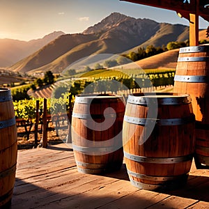 Wine barrels and casks against touristic vineyard wine farm