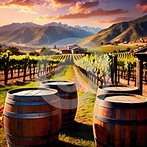 Wine barrels and casks against touristic vineyard wine farm