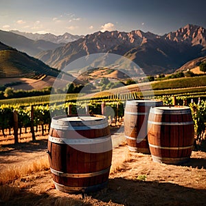 Wine barrels and casks against touristic vineyard wine farm