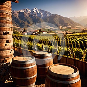 Wine barrels and casks against touristic vineyard wine farm