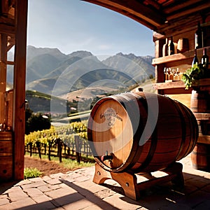 Wine barrels and casks against touristic vineyard wine farm