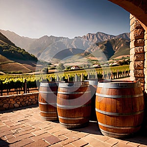 Wine barrels and casks against touristic vineyard wine farm