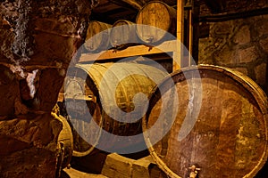 Wine barrels and casks with kegs