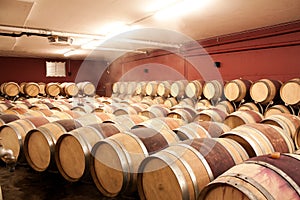 Wine barrels in cellar. Cavernous wine cellar with stacked oak b