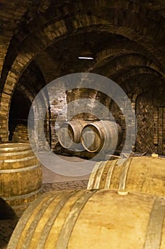 wine barrels in the cellar, Szekszard, Hungary