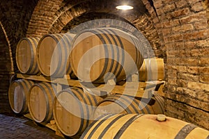 wine barrels in the cellar, Szekszard, Hungary