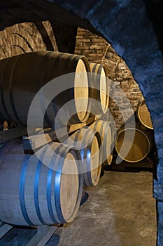 wine barrels in the cellar, Szekszard, Hungary