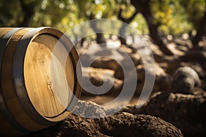 Wine barrels with Chardonnay Grapevine in vineyard
