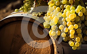 Wine barrels with Chardonnay Grapevine in vineyard.