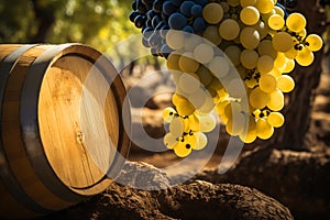 Wine barrels with Chardonnay Grapevine in vineyard.