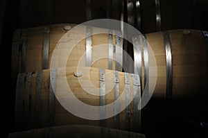 Wine barrels in a dark cavern photo